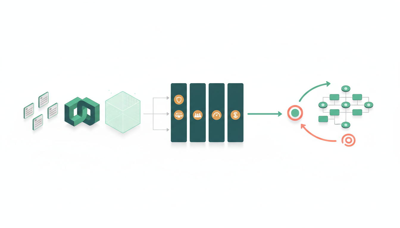 Evaluation cases and model candidates flow through measurement and several independent release constraints, then into a production canary that can expand or roll back.